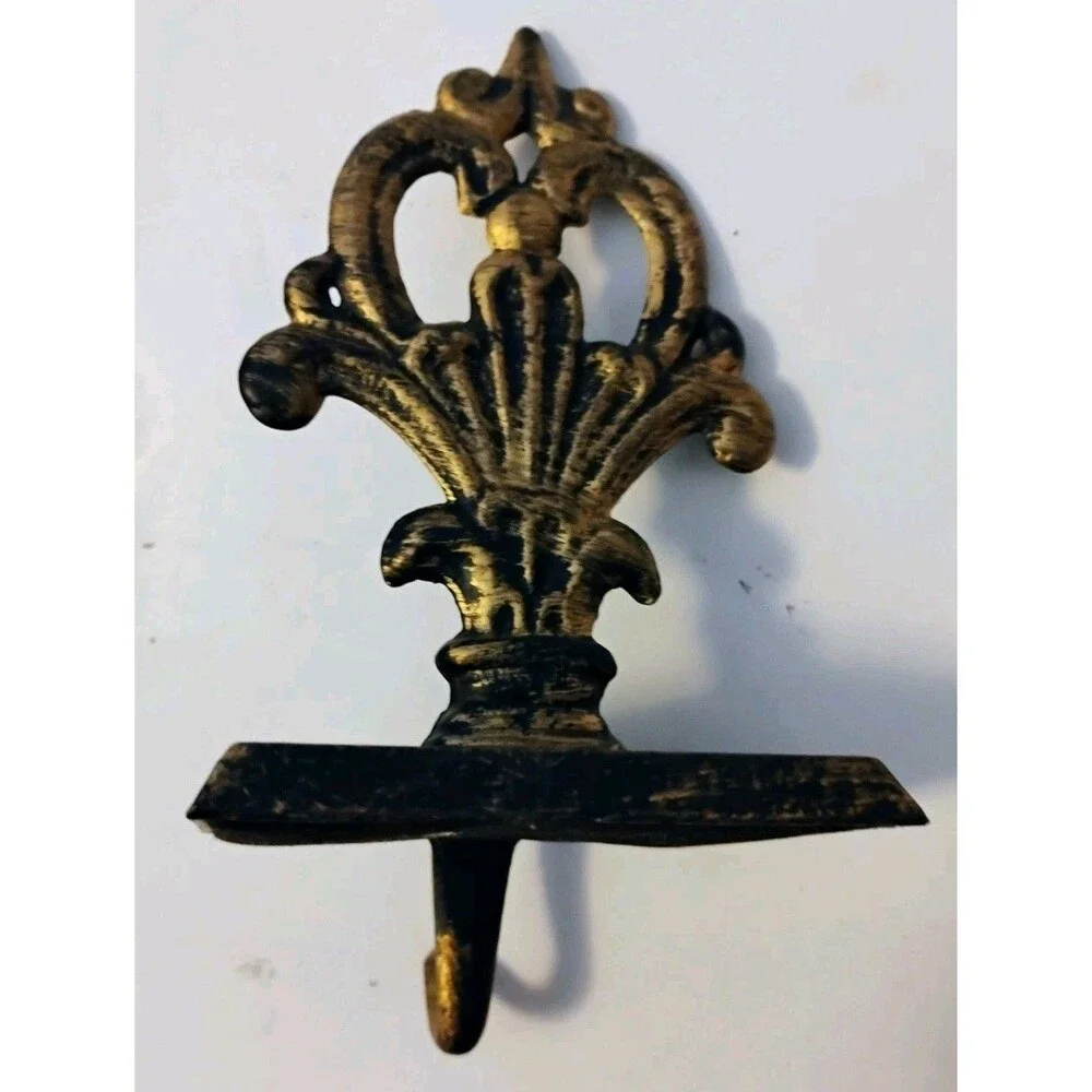 Vtg Ornate Gold Cast Metal Wall Hook Heavy Single Hat Coat Towel Key Hanger